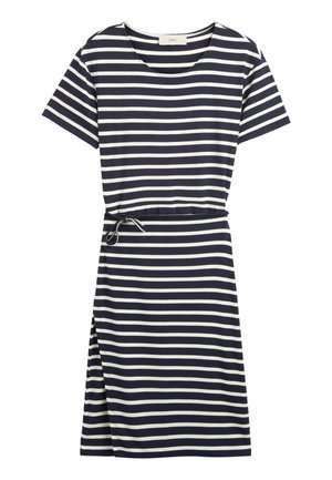 Robe à manches courtes à rayures horizontales bleu marine et blanc, avec un col rond, une ceinture à la taille et une fente latérale.