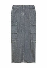 Gonna midi in denim grigia scura con silhouette dritta. Presenta due ampie tasche laterali, chiusura con zip frontale e dettagli metallici.