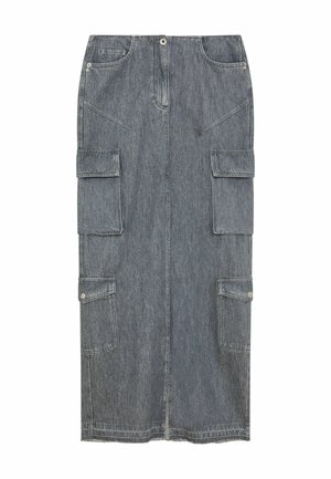 Gonna midi in denim grigia scura con silhouette dritta. Presenta due ampie tasche laterali, chiusura con zip frontale e dettagli metallici.