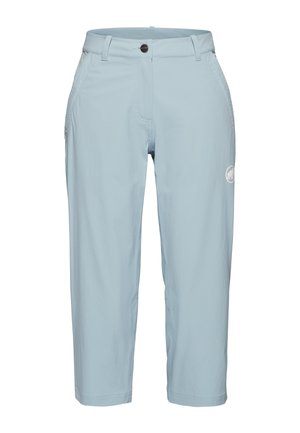 Jasnoniebieskie spodnie o skróconej długości z przednimi kieszeniami, szlufkami na pasek, zapięciem na guzik oraz małym logo na prawej udzie.