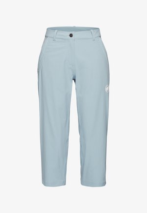 Jasnoniebieskie spodnie o skróconej długości z przednimi kieszeniami, szlufkami na pasek, zapięciem na guzik oraz małym logo na prawej udzie.