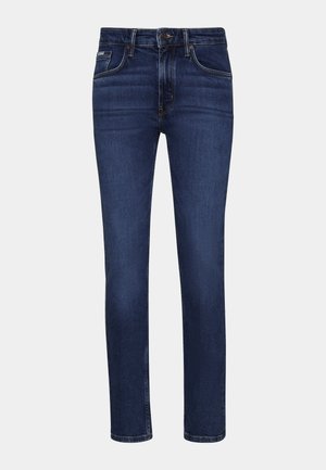 Donkerblauwe spijkerbroek met een slim fit, vijf zakken, rits en een klassieke tailleband. Heeft contraststiksels en een gladde textuur.