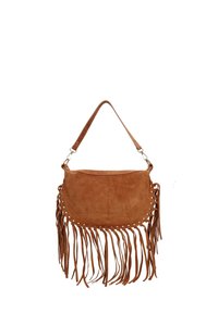 Bruine suède schoudertas met lange franjes langs de onderkant en zijkanten, voorzien van een enkele schouderband en metalen sluitingen.