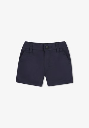 Navy blue shorts made from lightweight fabric, featuring a front button closure, belt loops, and side pockets without patterns or embellishments.