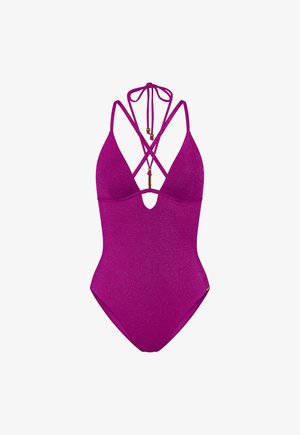 Yksiosainen magentan värinen uimapuku hohtavasta kankaasta, kolmionmuotoiset kupit, ristikkäiset olkaimet ja säädettävä halterneck-nauhavyö kullanvärisillä helmikoristeilla.
