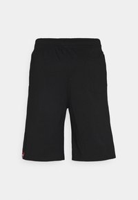 Svarta shorts i lättviktsmaterial, med elastisk midja och en enda bakficka. Minimalistisk design utan synliga mönster.