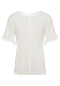 Weiße Bluse aus leichtem Stoff, mit kurzen, flatternden Ärmeln, rundem Ausschnitt und einem Schlüsselöffnungverschluss auf der Rückseite. Einfache und glatte Textur.