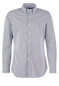 Herrenhemd mit langen Ärmeln, Knopfleiste, schwarz-weiß kariertem Muster in kleiner Karogröße und einem Button-Down-Kragen.