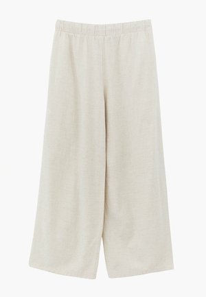 Pantalon beige à jambes larges avec taille élastique, en tissu léger, présenté à plat sur fond blanc.