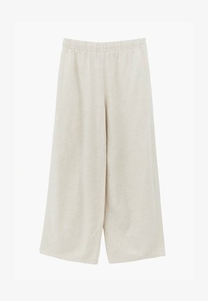 Pantalon beige à jambes larges avec taille élastique, en tissu léger, présenté à plat sur fond blanc.
