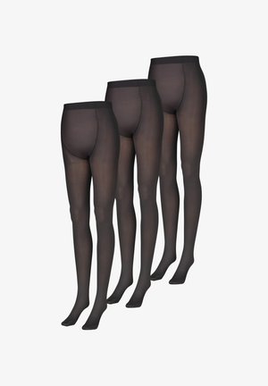 Schwangere Person trägt durchsichtige schwarze Schwangerschaftsstrumpfhose, steht mit einem leicht angewinkelten Bein und legt die Hände auf den Bauch.