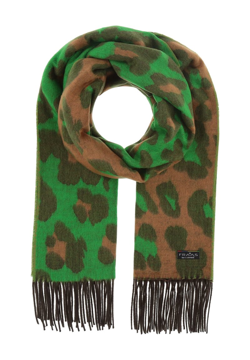 Zelena i smeđa marama s leopard uzorkom, izrađena od mekanog materijala, s resicama na krajevima i malom oznakom branda koja je prišivena s jedne strane.