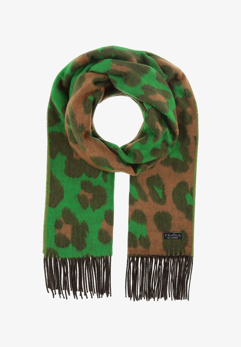 Green and brown leopard print scarf made of soft fabric, featuring fringed ends and a small brand label sewn on one side.
