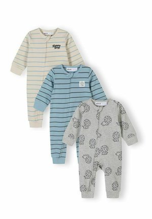 Trzy body niemowlęce z długim rękawem i zamkiem błyskawicznym: beżowe w niebieskie paski, niebieskie z ciemnymi paskami, szare z czarnymi nadrukami lwa.