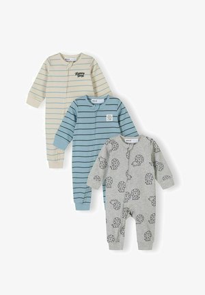 Trois grenouillères pour bébé à manches longues avec fermeture éclair : rayures beige et bleu, bleu avec rayures foncées, gris avec imprimés de lion noir.