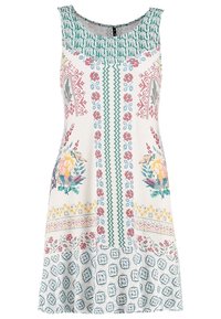 Hihaton mekko, jossa on valkoinen perusta, värikkäitä kukkakuoseja, geometrisia muotoja ja teksturoitu vihreä pääntie. Laskostava, polvipituinen leikkaus.