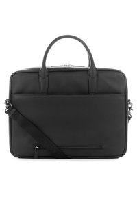 Malette en cuir noir avec une texture lisse, deux poignées supérieures, une sangle ajustable et une poche zippée à l'avant. Design rectangulaire.