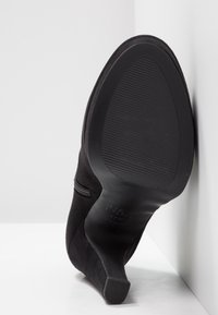 Chaussure à talon haut en daim noir avec un bout pointu, dotée d'une semelle texturée et d'une fermeture éclair latérale. Surface lisse sans motifs visibles.
