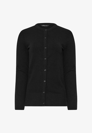 Schwarze, knöpfbare Strickjacke mit langen Ärmeln und rundem Ausschnitt, ausgestattet mit gerippten Bündchen und Saum.