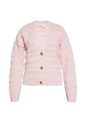 Roze gebreide cardigan met V-hals, met gestructureerde patronen, vijf knopen en ribgebreide manchetten en zoom. Lichtgewicht en ademend materiaal.