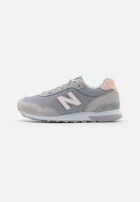 Gray suede and mesh sneakers feature a logo design in white and light pink accents, with a rubber sole and rounded toe.