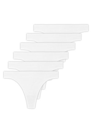 Sei perizomi bianchi in cotone con lati senza cuciture e design minimalista, dotati di una morbida fascia elastica in vita e una texture liscia.