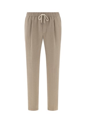 Beige Freizeithose mit elastischem Bund und weißem Kordelzug, geradem Bein, und minimalen Nahtdetails.