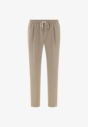 Pantalones casuales beige con cintura elástica y cordón blanco, corte de pierna recta y detalles mínimos de costura.
