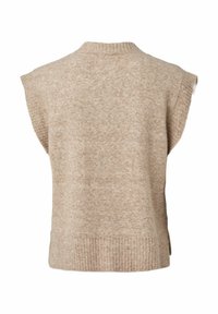 Beige mouwloze trui met een ronde halslijn, geribbelde zoom en zachte, gestructureerde stof, met subtiele variaties in kleur.