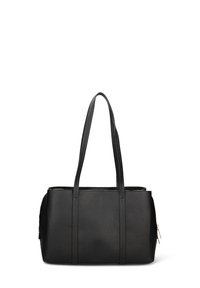 Borsa tote in pelle nera con doppi manici, forma rettangolare, superficie texture, tasca laterale con cerniera e design minimalista.