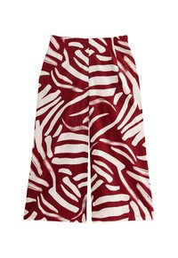 Wide-leg pants in deep red and white with abstract brushstroke patterns. Made of lightweight fabric with a smooth texture. High-waisted design.