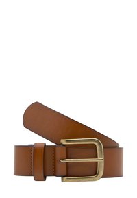 Brun læderbælte med en rektangulær guldtonet metalknap, glat overflade og pæne syninger langs kanterne.