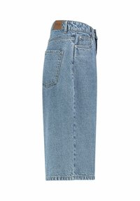 Jeansrock in Hellblau, knielang mit klassischem geradem Schnitt. Verfügt über eine hohe Taille, sichtbare Nähte und zwei Gesäßtaschen.