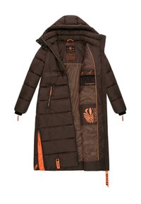 Lange, donkerbruin pufferjack met oranje accenten, ritszakken en elastische manchetten. Van binnen voorzien van een merklogo en een opbergzak.