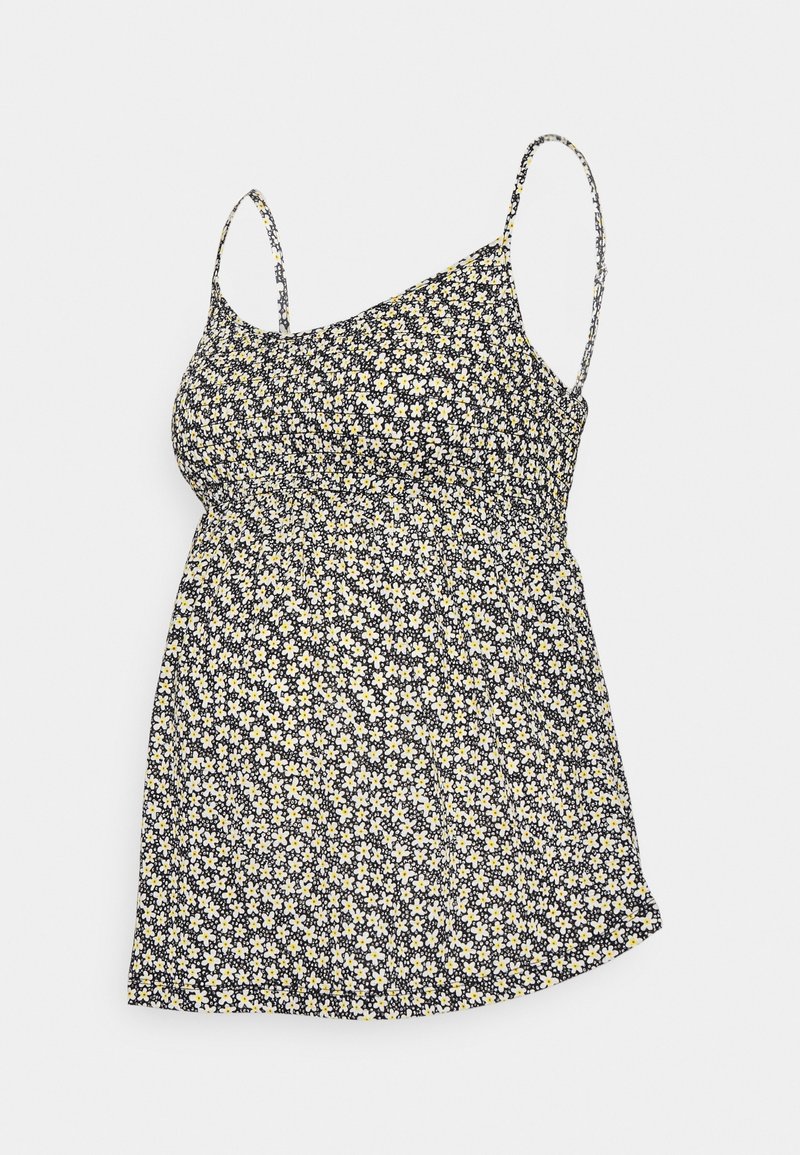 Haut de maternité noir sans manches avec petit imprimé floral blanc et jaune et fines bretelles réglables.