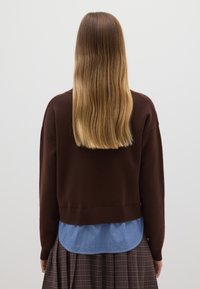 Maglione marrone lavorato a maglia con camicia a righe blu sotto, abbinato a una gonna a quadri. La vista posteriore mostra capelli lunghi che cadono sulla spalla.