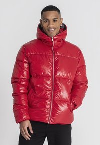Rote Daunenjacke mit glänzendem Finish, hohem Kragen und Frontreißverschluss. Sie hat seitliche Taschen und ein gestepptes Muster.