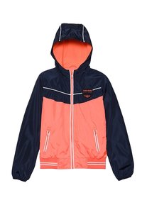 Námořnická modrá a korálová větrovka s kapucí, zipovým předním zapínáním, dvěma zipovými kapsami, elastickými manžetami a bílým akcentním prošíváním.