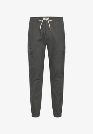 Cargo-Hosen aus dunkelgrauem Stoff mit elastischem Bund und verstellbarem Kordelzug; mit seitlichen Taschen und Knopfklappen; schmal geschnitten.