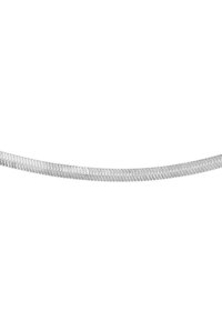 Catena in metallo argento con anelli zigzag interconnessi, superficie liscia e larghezza uniforme, progettata per essere flessibile e resistente.