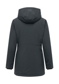 Mørkegrå hættejakke i softshell vist fra ryggen med lange ærmer og synlige sømdetaljer.