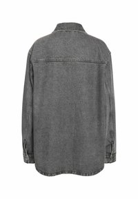 Hallhalli deniitär, pikad varrukad, nööbid mansettides, selja õmbluse detail, sirge lõige, kulunud tekstuur, krahvita disain.