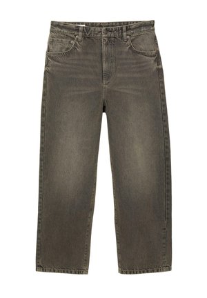 Széles szárú farmernadrág megfakult szürke denim anyagból, enyhe fényességgel. Két elülső zsebbel és gombos záródással rendelkezik. Vízszintes varrás a derékpánton.