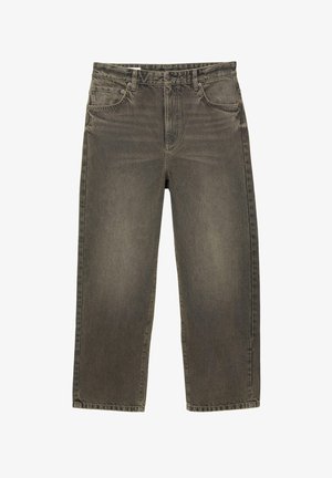 Leveled jeans halka harmaassa denimmateriaalissa, jossa on lievä kiilto. Varustettu kahdella etutaskulla ja nappisulkimella. Vaakasuora ompelu vyötäröllä.