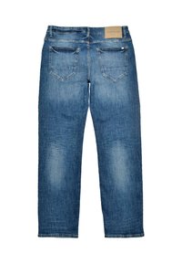 Jeans de denim azul con un diseño de pierna recta, que cuentan con dos bolsillos traseros, detalles de costura y una etiqueta de cuero en la cinturilla.