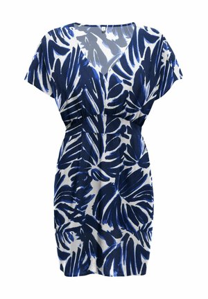 Robe à manches courtes avec imprimé de feuilles tropicales bleues et blanches, col en V et détail de taille froncée.