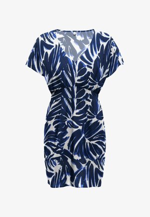 Rövid ujjú ruha kék-fehér trópusi levélmintával, V-nyakú és derékban összegyűrt részletekkel.