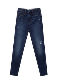 Jeans ajustados de mezclilla azul oscuro, con un ligero desgastado, diseño de cinco bolsillos, cierre de cremallera y detalles en metal dorado.