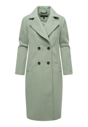 Light green wool blend coat with a double-breasted design, featuring a notched collar, two front pockets, and black buttons.