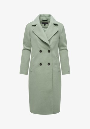 Hele roheline villane jope, kahekordse nööpidega disainiga, millel on sälguga krae, kaks eesmist taskut ja mustad nööbid.